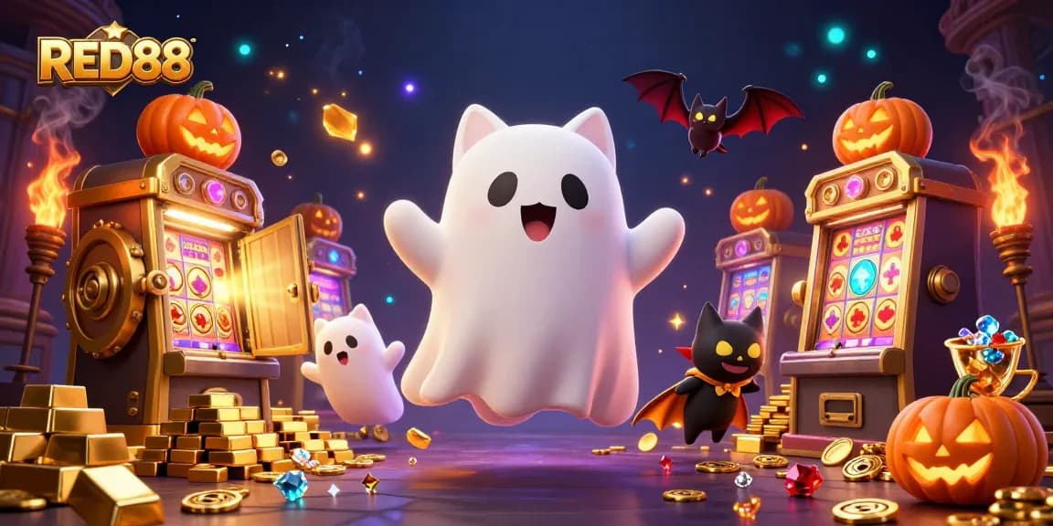Experience winning thrills at RED88's haunted casino mansion with ghost cat, vampire bat, and casino treasures.