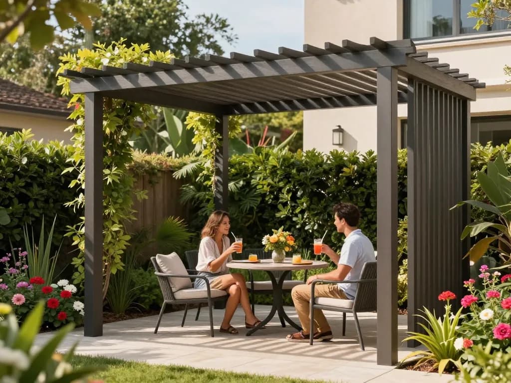 Couple relaxing under a stylish configuratore pergola online in a vibrant garden.