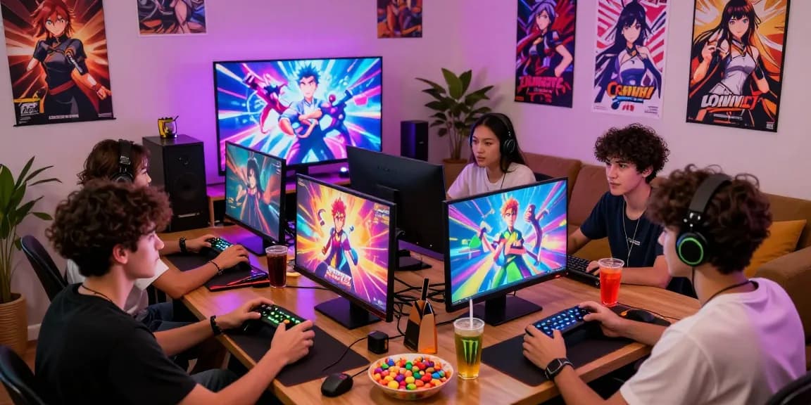 Friends enjoying free hentai games together in a vibrant gaming room.