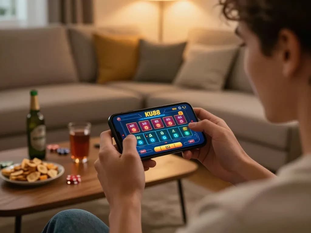 Engaging user experience while TẢI KU88 casino app on smartphone at home, enjoying live dealer games.