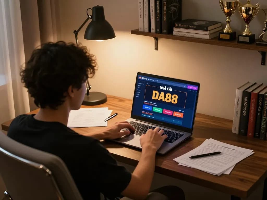 Engaging scene of NHÀ CÁI DA88 online gaming setup, showcasing strategic betting in a stylish home office.