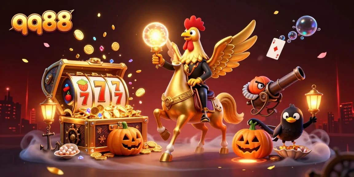 Bet on qq88 with excitement, featuring a golden rooster in a vibrant casino scene