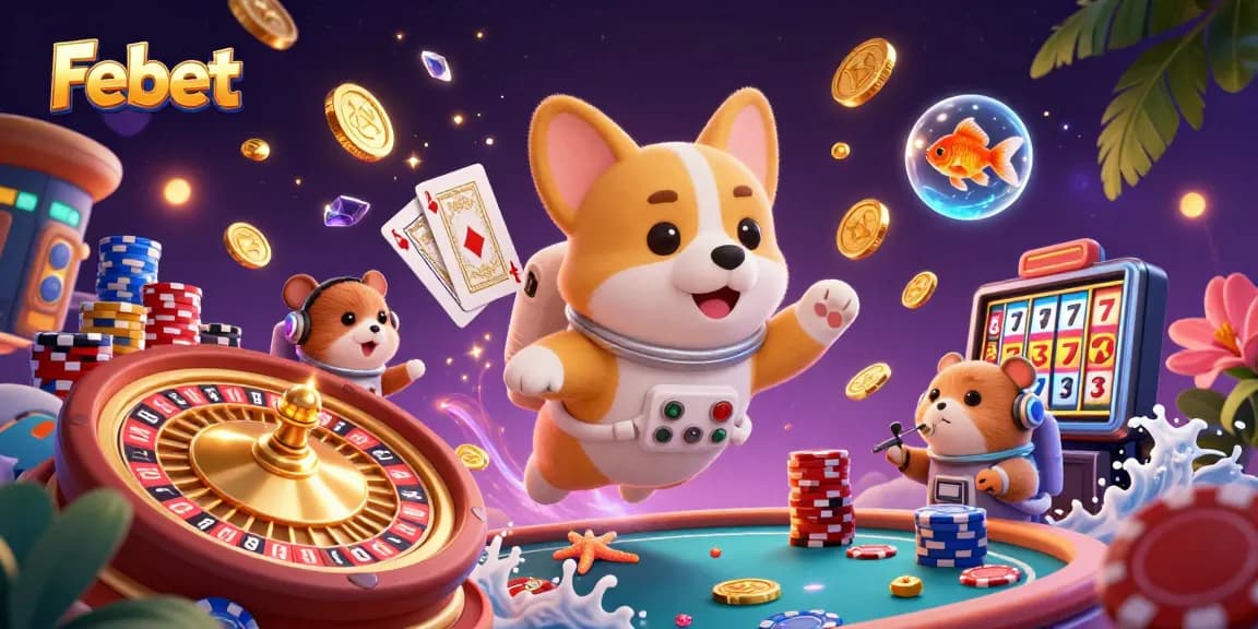 Experience the excitement at Febet with vibrant casino elements floating in zero gravity!
