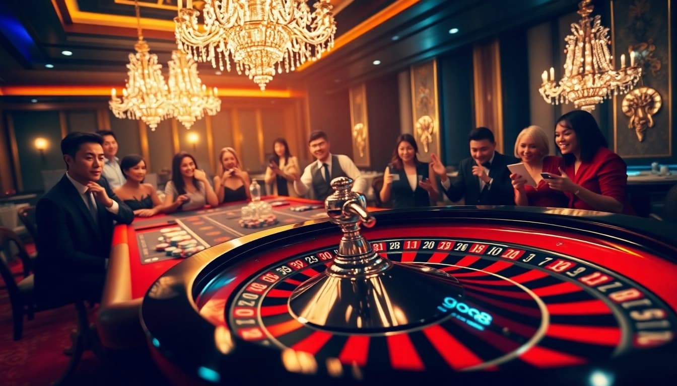 Gambling action at go8 casino featuring a luxurious atmosphere with poker and roulette.