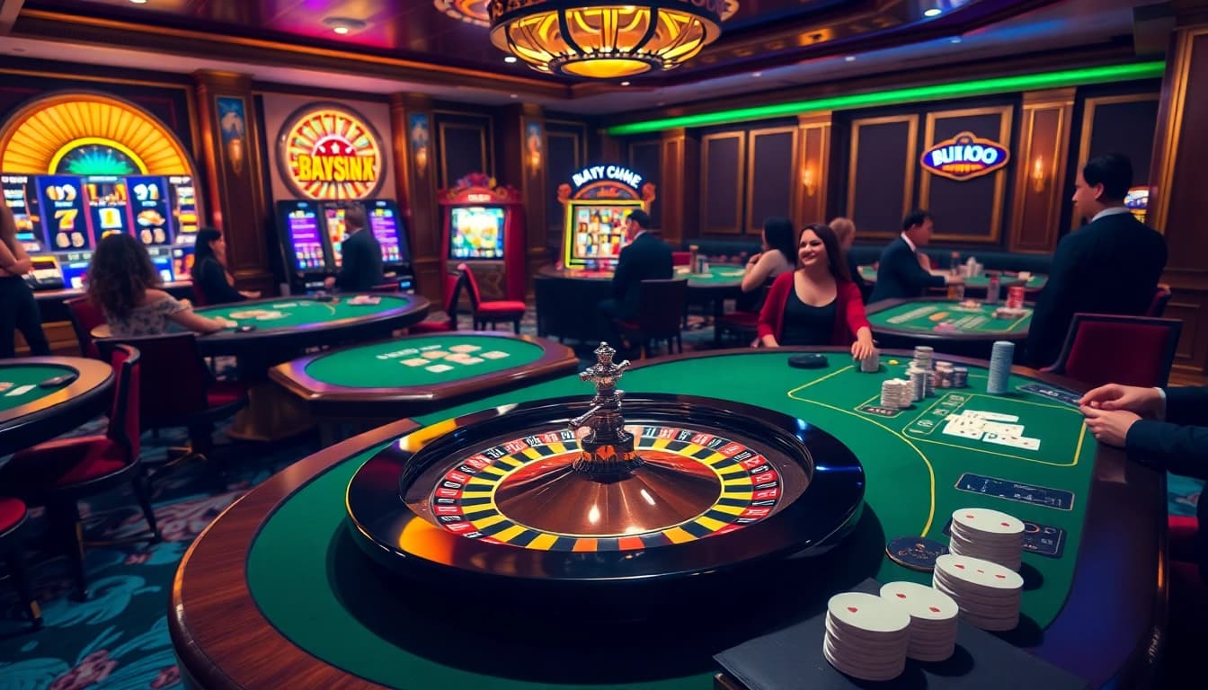 Exciting gameplay at mmoo.com featuring a roulette wheel and poker chips in a luxurious casino.