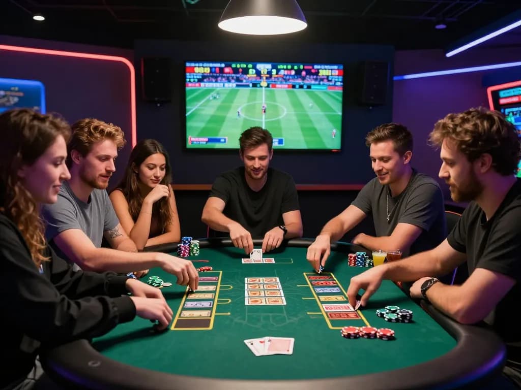 Diverse group enjoying card games at https://nohu78.de.com, showcasing vibrant online gambling atmosphere.