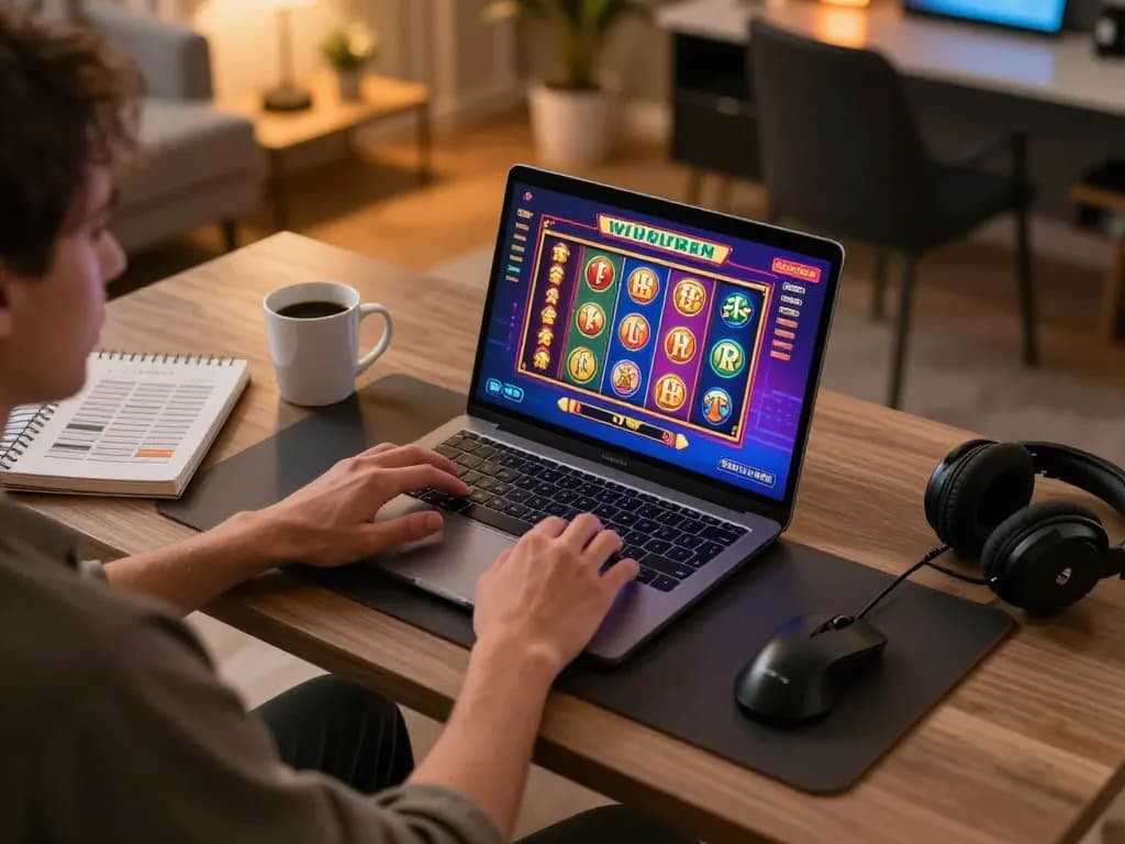 Navigating NHÀ CÁI MAX88 on a laptop with vibrant slot game graphics and strategy notes nearby