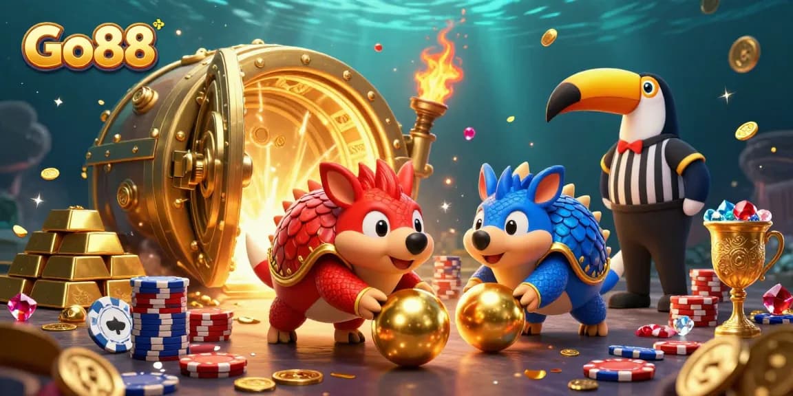 Go88 pangolins compete in a vibrant casino scene, showcasing dynamic games and a lively atmosphere.
