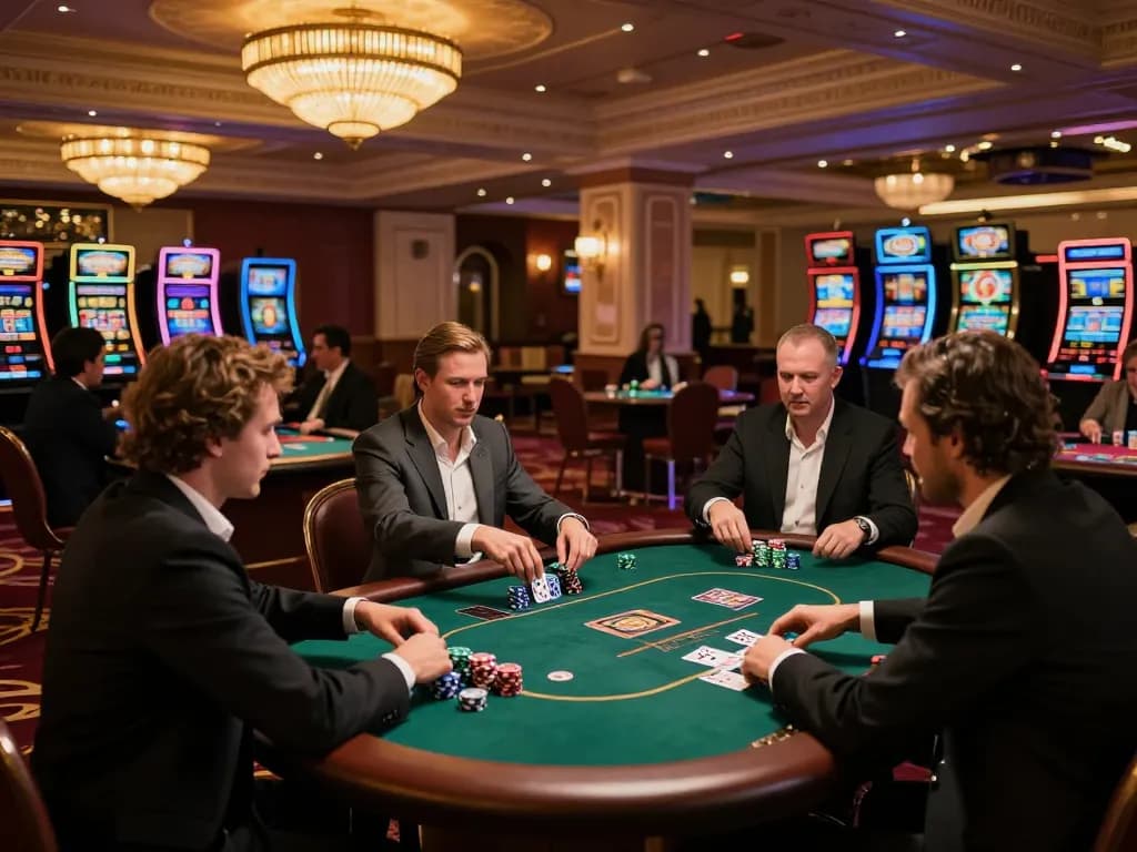 Experience thrilling gameplay at https://mm88.vin/ in an upscale casino environment with active poker tables and elegant decor.