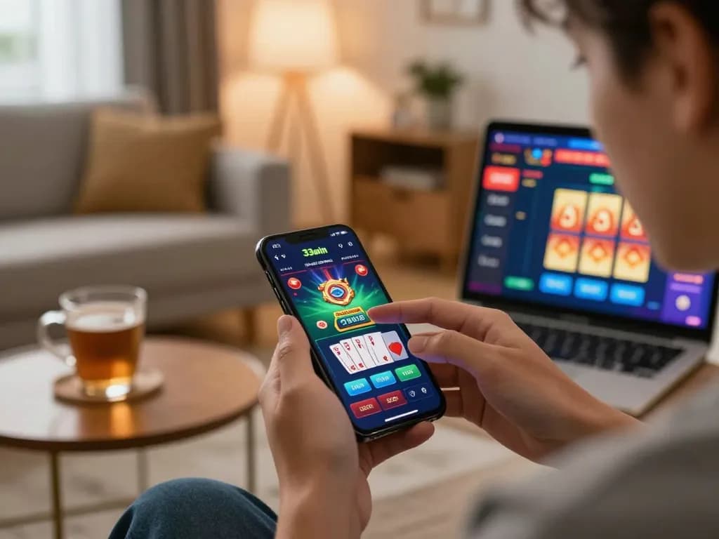 Player engaging with the 33win casino app on smartphone, showcasing dynamic online gaming experience.