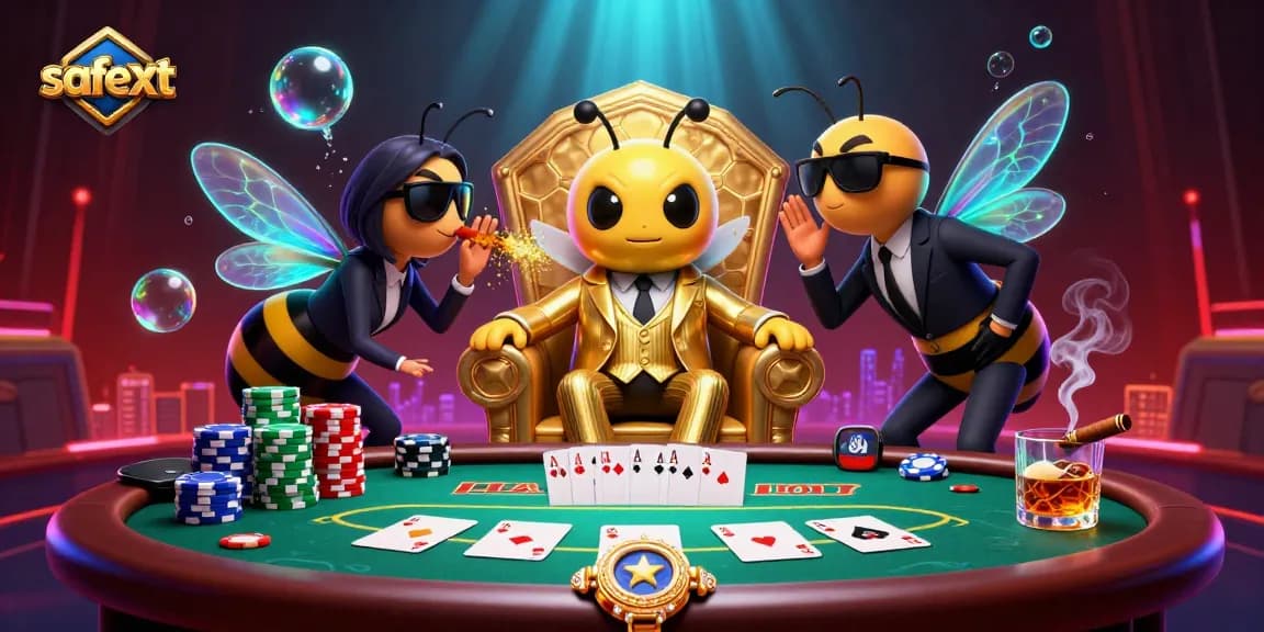 Engage in a thrilling poker session with safetxt featuring a charming bumblebee mob boss surrounded by colorful poker elements.
