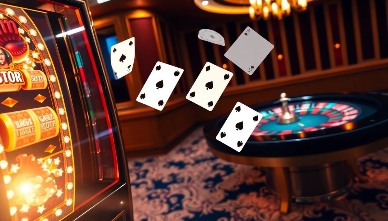 Engage in thrilling gameplay at adobet88 daftar with a luxurious casino scene featuring slot machines and poker elements.