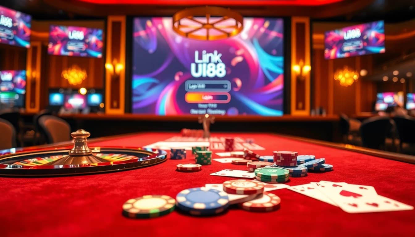 Link uu88 displayed on a vibrant gaming interface with roulette wheel and poker elements.