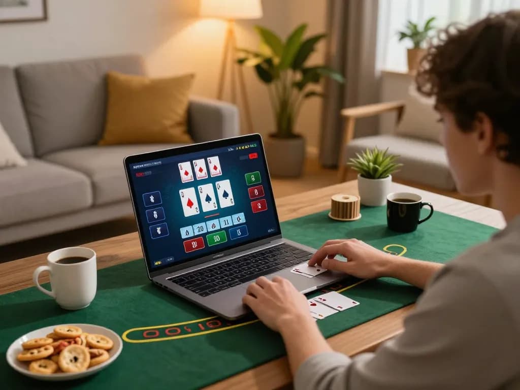 Engaging in strategic gameplay at NHÀ CÁI DABET with an online blackjack session, showcasing comfort and excitement.