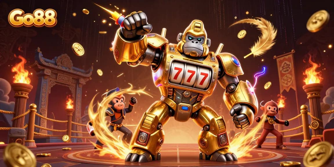 Go88 engages players with a dynamic 3D gorilla mech smashing through a vibrant casino scene.