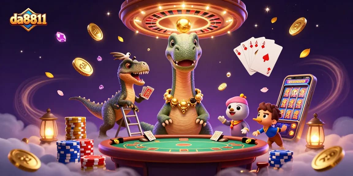 Experience thrilling gameplay at da8811 with a dynamic 3D casino scene featuring games and vibrant characters.