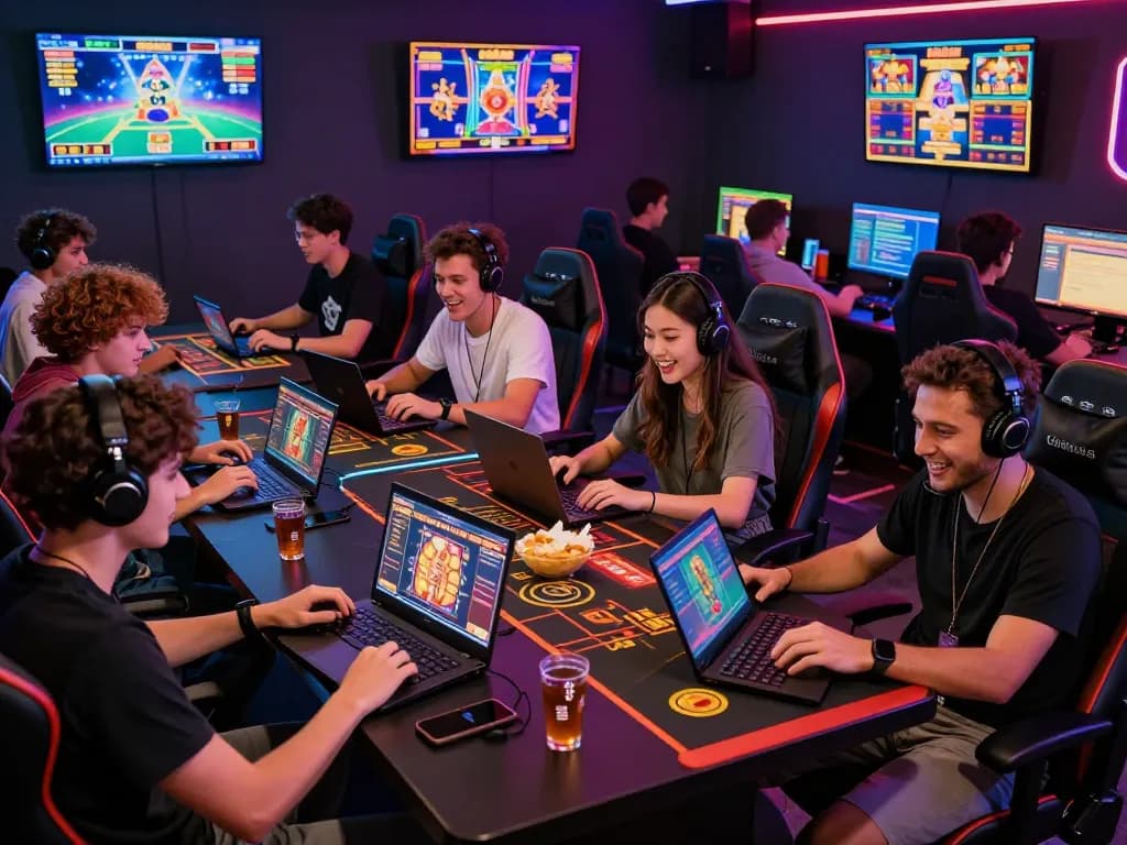 Engaged group of friends enjoying online gaming at https://tt888.de.com in vibrant setup with colorful lights and shared strategies.
