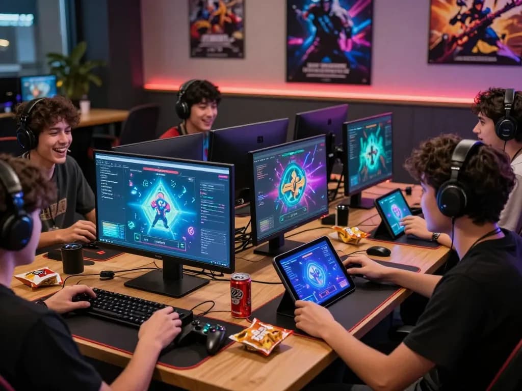 Interacting with mind control porn games in a lively gaming lounge.
