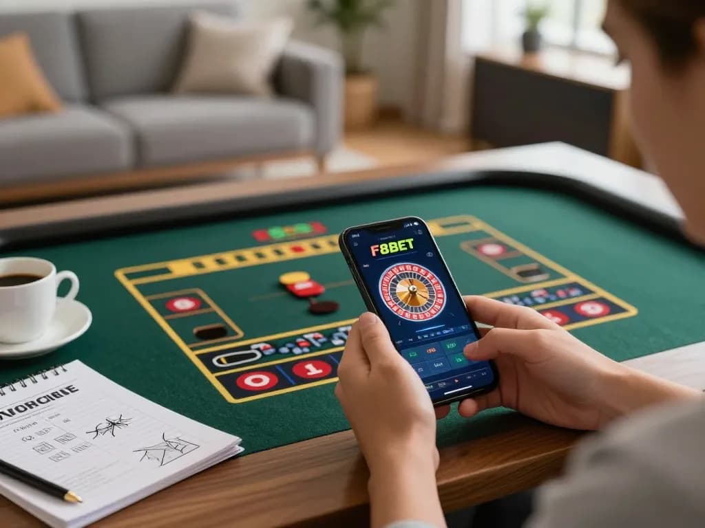 Player engaging with F8BET mobile app for live online roulette game from home.