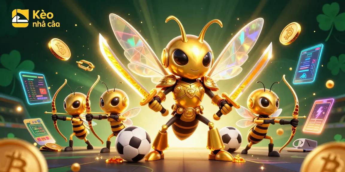 Kèo nhà cái showcases a dynamic scene with a giant hornet in samurai armor and sports betting elements.