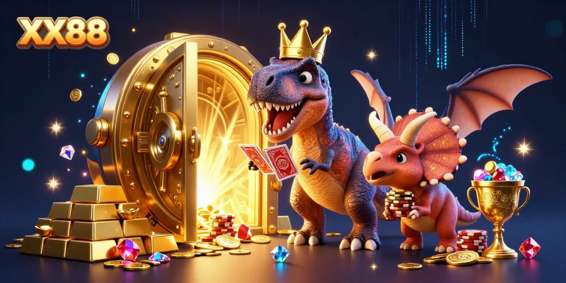 Engage in thrilling gameplay with XX88 as a T-Rex shuffles cards surrounded by treasure.