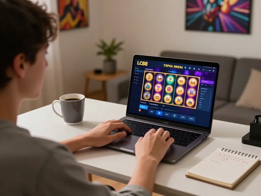 Engaging in exciting LC88 online slot gaming at home, showcasing a vibrant setup and dynamic gameplay
