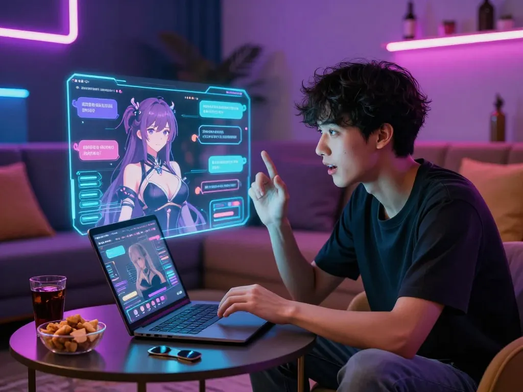 Engaging scene of a user chatting with an AI character featuring hentai ai chat in a vibrant lounge.
