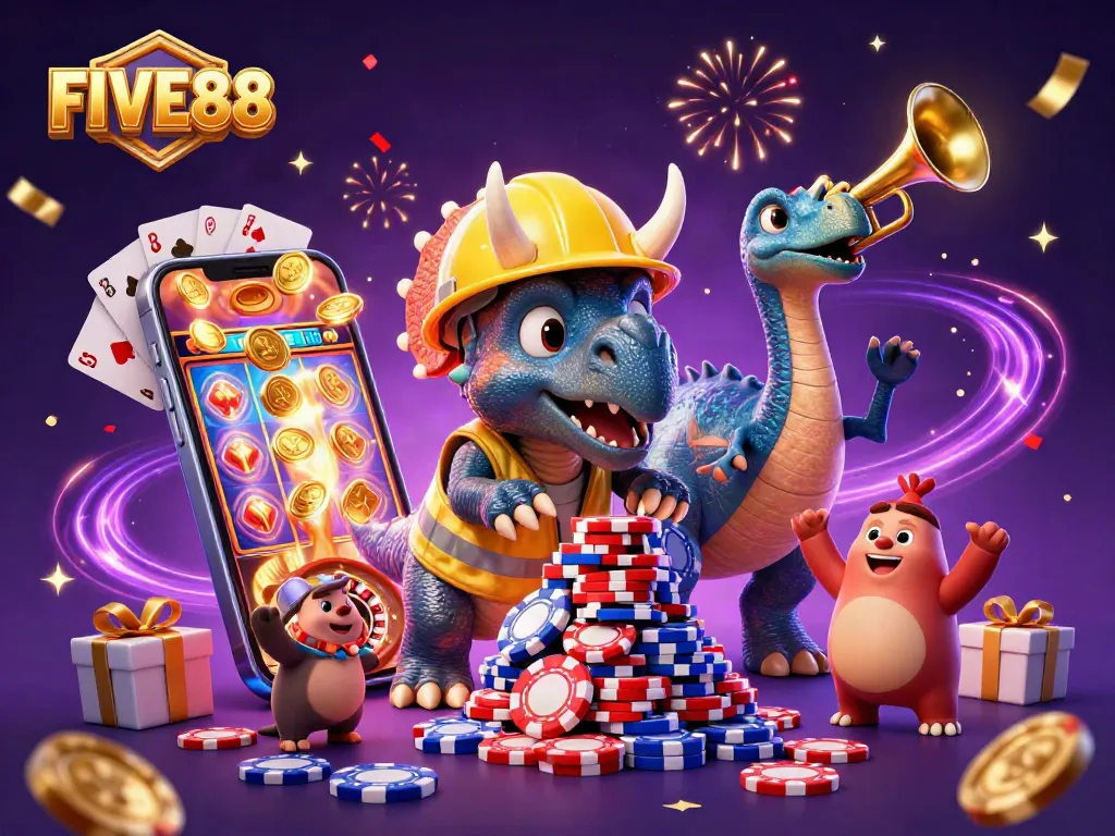 Experience excitement at FIVE88 with vibrant slot games and entertaining characters celebrating wins.