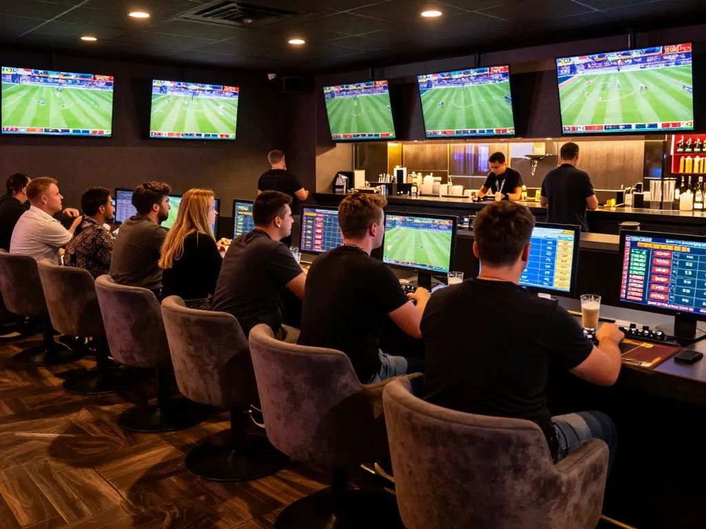 Engaged bettors analyzing tỷ lệ cá cược bóng đá in a bustling sports betting lounge with live screens and strategy discussions.