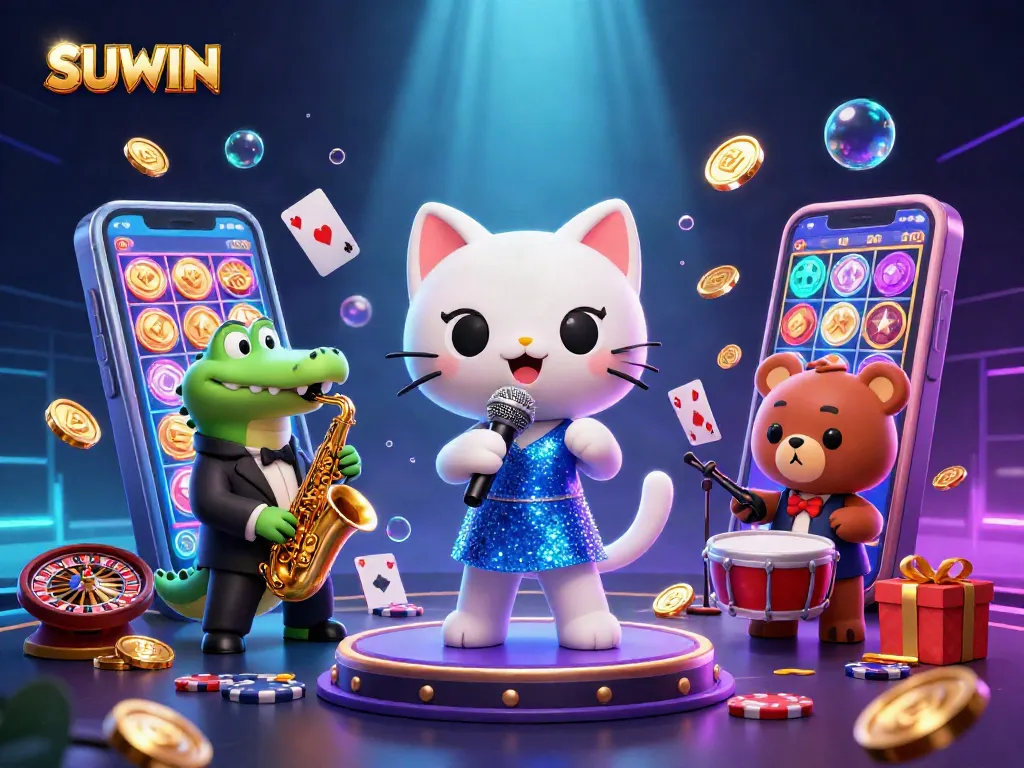 Suwin captivates players with vibrant 3D characters and colorful gaming elements amidst a whimsical casino atmosphere.