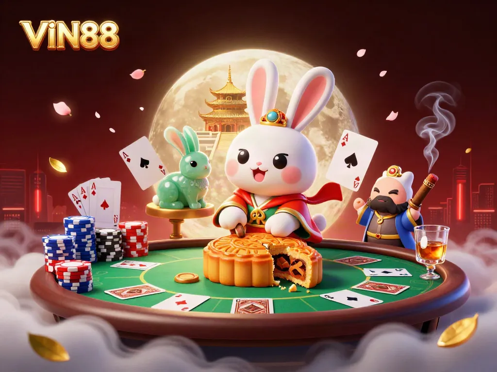 Experience the thrill of VIN88 with a fantasy scene featuring a moon rabbit and poker elements.