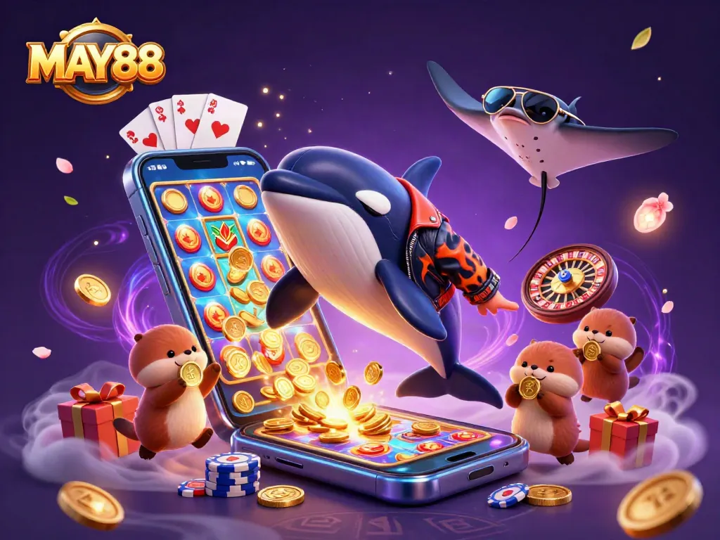 MAY88 offers a vibrant casino adventure as a whale jumps, otters float with coins, and games abound.
