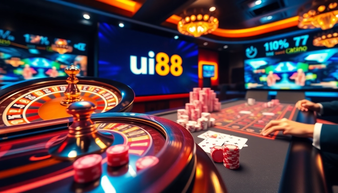 Experience thrilling online gambling at link uu88 with an immersive digital casino scene featuring roulette and poker.