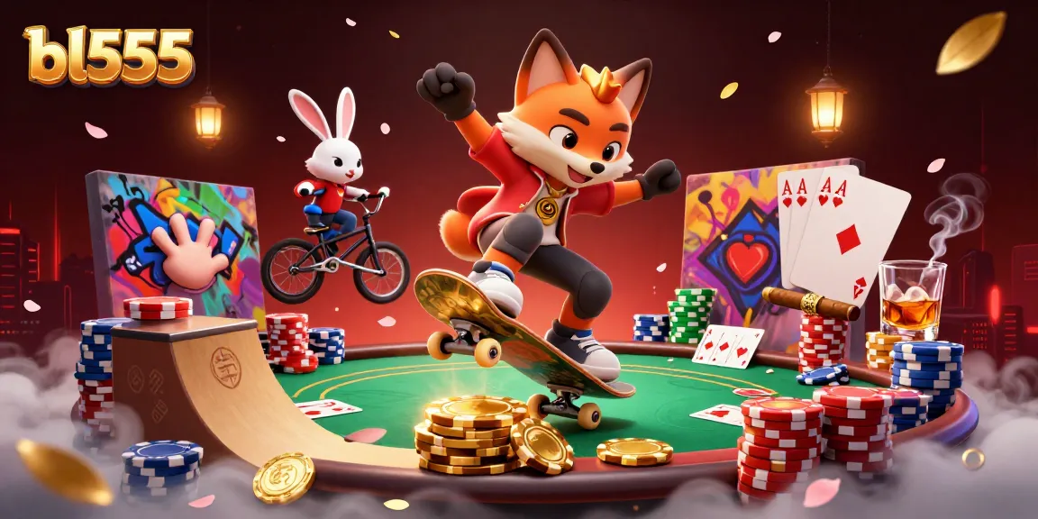 Bl555's dynamic casino scene with a skilled skateboarder fox, BMX rabbit, and vibrant poker elements.