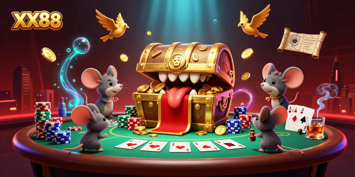 Engage with the exciting XX88 treasure chest and dynamic poker scene in a colorful casino adventure.