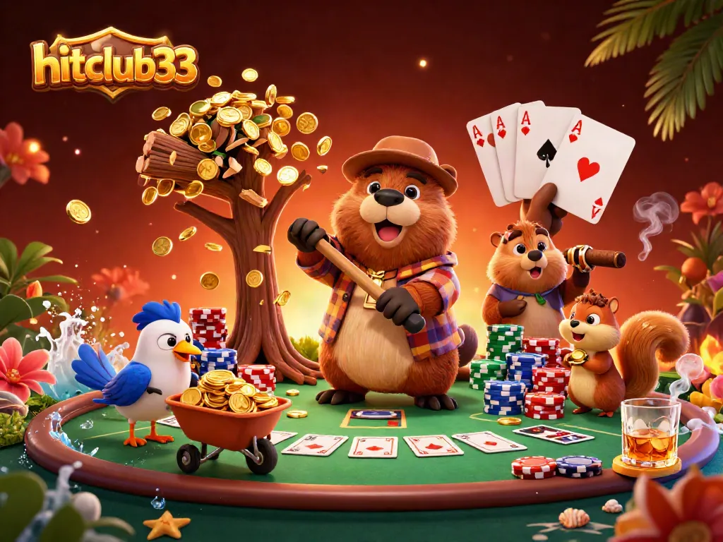 Experience thrilling games at hitclub33 with a beaver, bird, and squirrel in a vibrant casino scene.