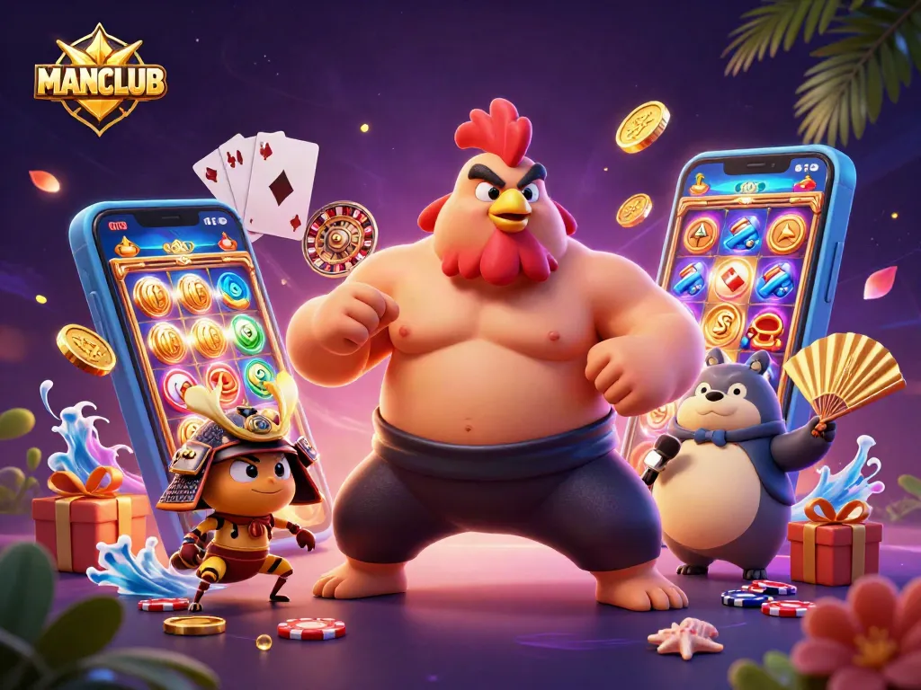 Experience thrilling casino action featuring MANCLUB's vibrant characters surrounded by spinning slot reels and gold coins.