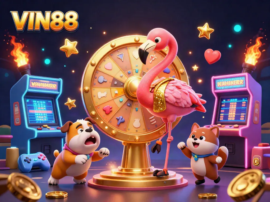 Engage with VIN88's thrilling gaming scene featuring a game show host, contestant, and prize reveals, showcasing excitement.