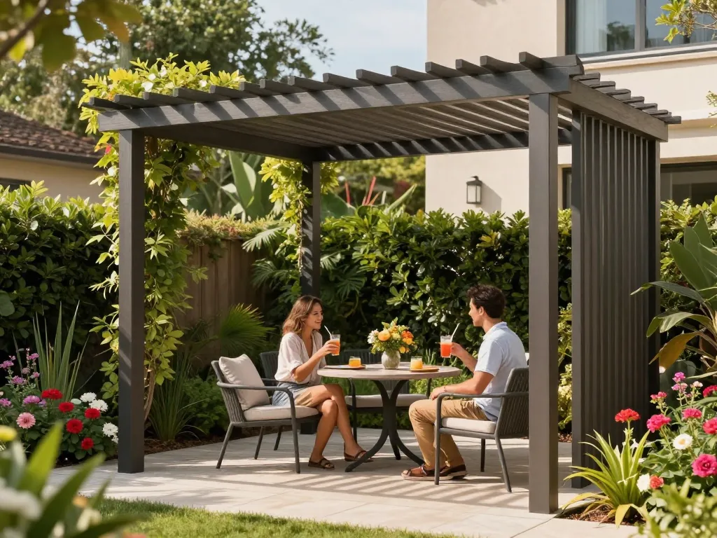 Couple relaxing under a stylish configuratore pergola online in a vibrant garden.
