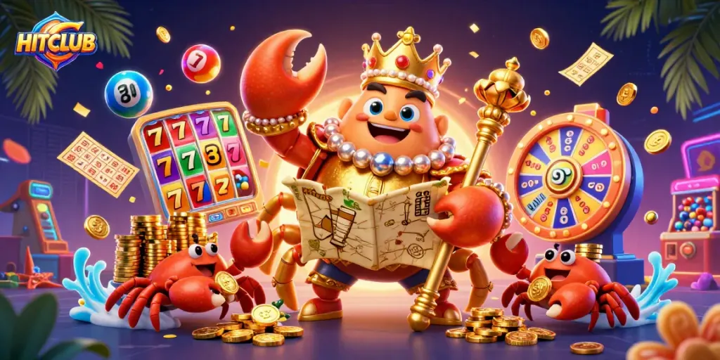 Engage with HITCLUB’s vibrant game world as a golden crab emperor leads a treasure-filled adventure.