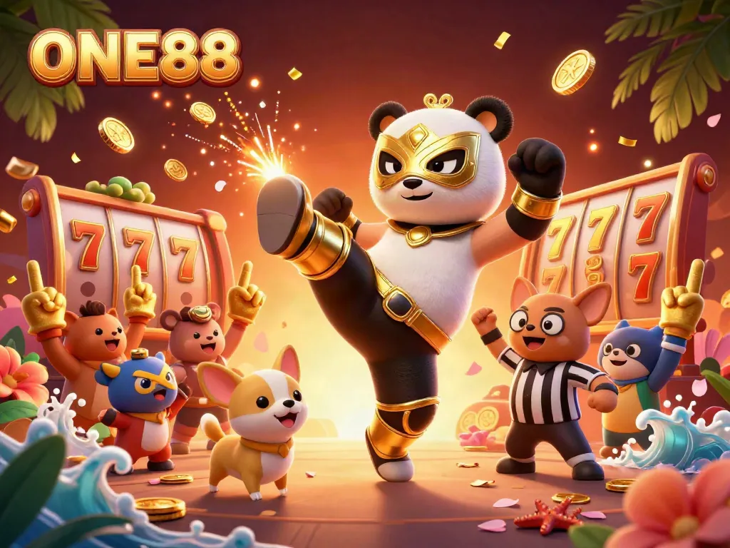 Experience thrilling moments with ONE88 as a panda performs a flying kick amid games and celebration.
