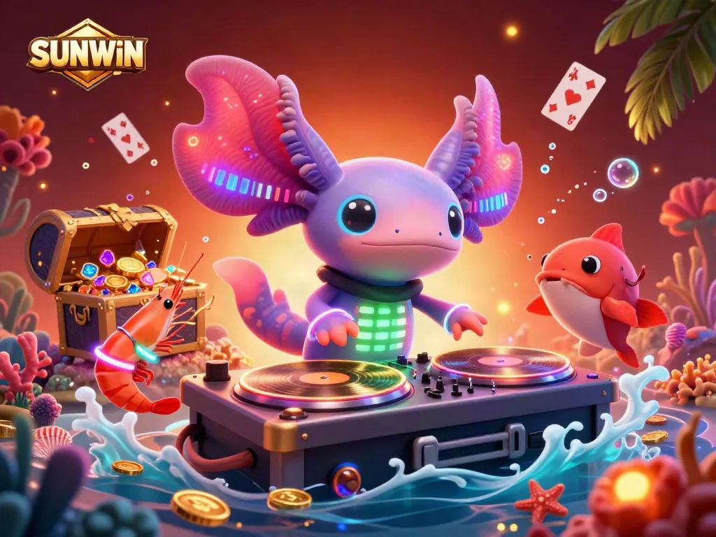 SUNWIN brings the excitement of underwater gaming with a neon axolotl DJ amidst treasures and playful sea creatures.