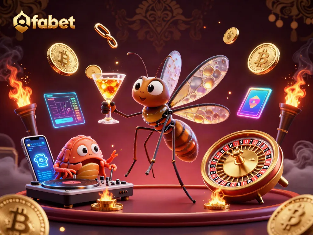 Engage with fabet's vibrant casino scene featuring a frozen mosquito mascot and a trilobite DJ.