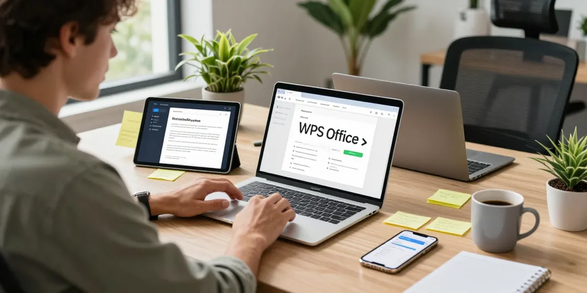 WPS Download scene with a user focused on downloading WPS Office, surrounded by tech gadgets in a modern office.