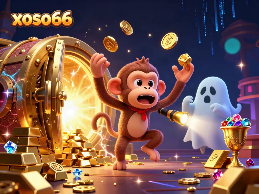 Experience the thrilling xoso66 online casino adventure featuring a playful poltergeist monkey juggling golden treasures and a curious ghost-hunter puppy.