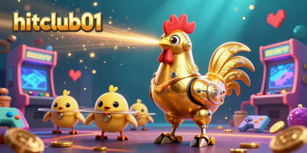 Engage with hitclub01's vibrant gaming scene featuring a golden rooster robot surrounded by arcade elements.