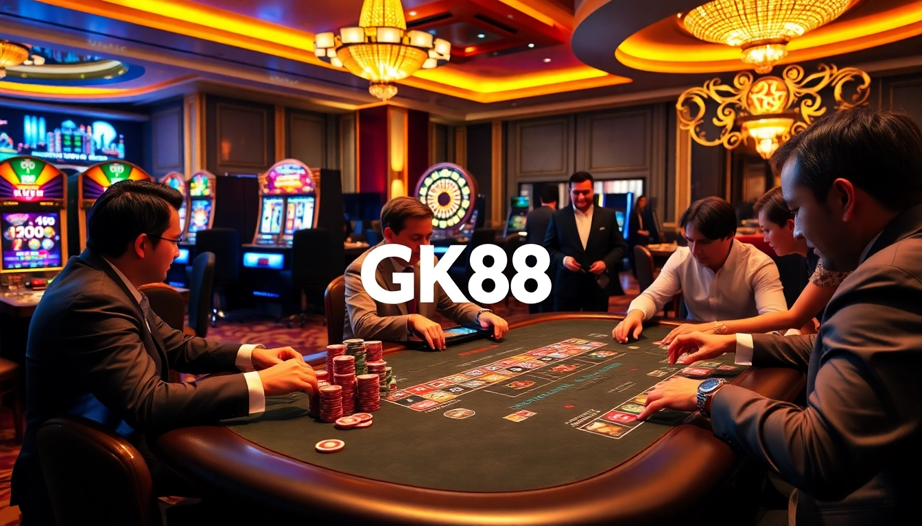 Players strategizing at a high-stakes poker table featuring GK 88 branding.