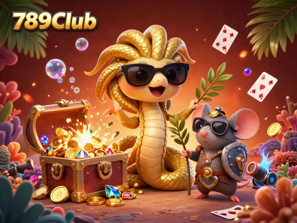 Experience the vibrant world of 789CLub with Medusa and a warrior mouse in a treasure-filled casino scene.