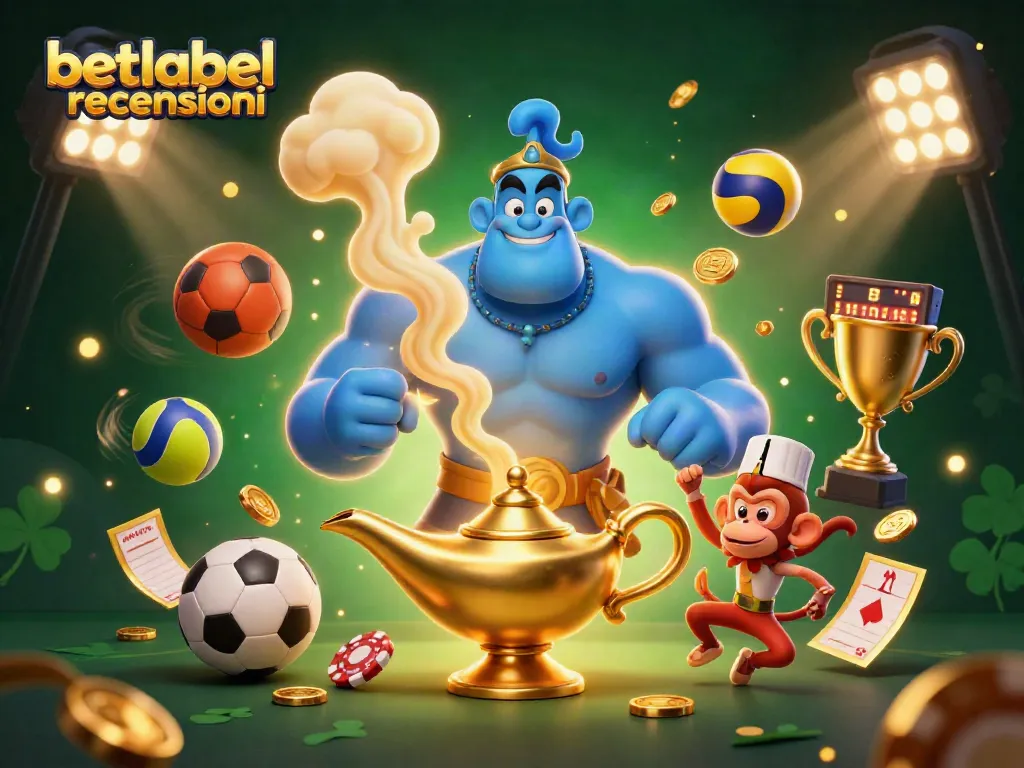 Experience the excitement of betlabel recensioni with a vibrant casino-themed illustration featuring a genie and sports elements.