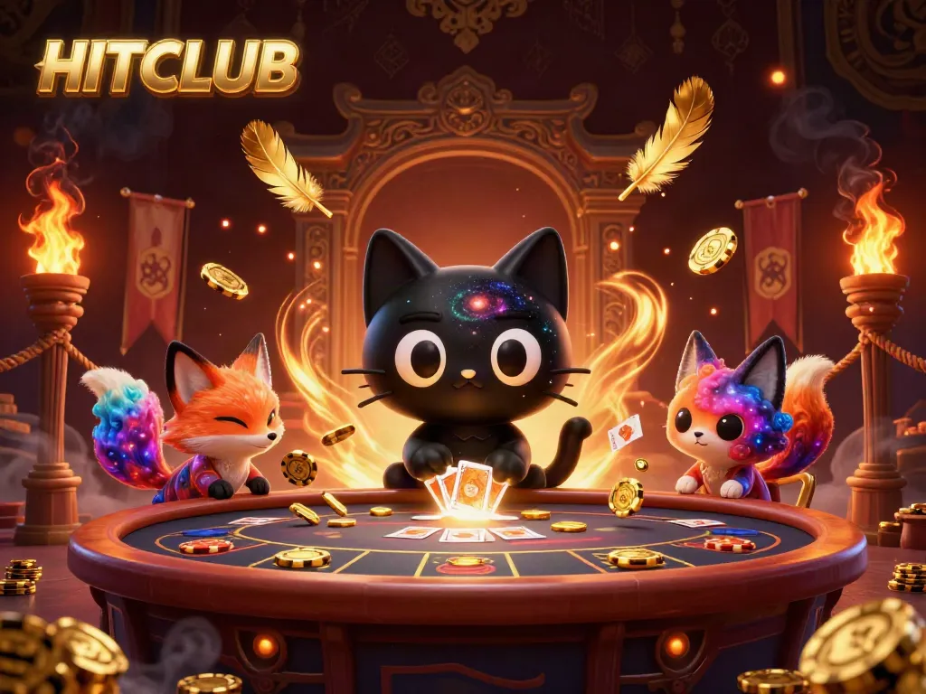 Experience the excitement of HITCLUB with a dynamic 3D illustration featuring unique casino elements and characters.